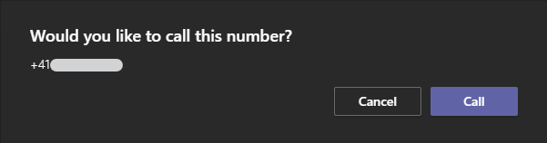 Screen shot Microsoft Teams asking to dial number